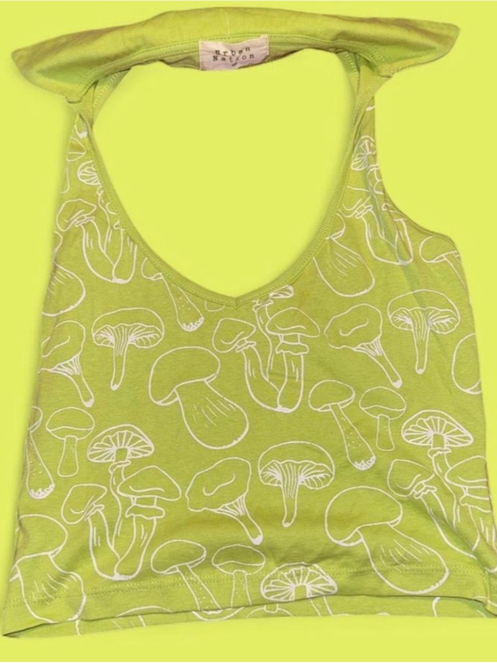 Lime Green Mushroom Print V-Neck Crop Tank